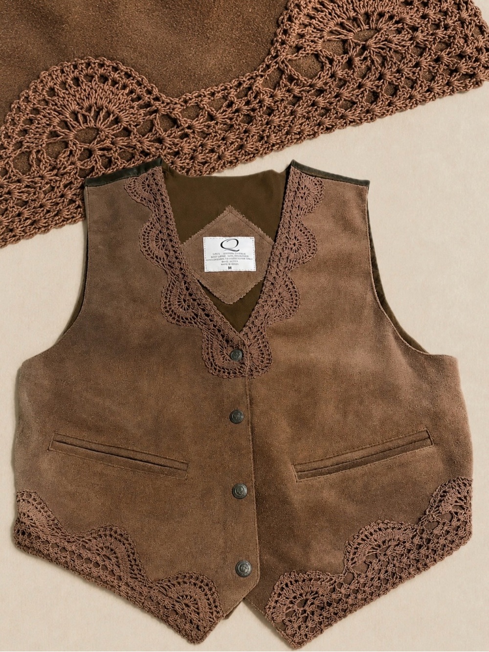 VINTAGE leather suede bohemian vest artisan crochet rustic boho western 90s y2k